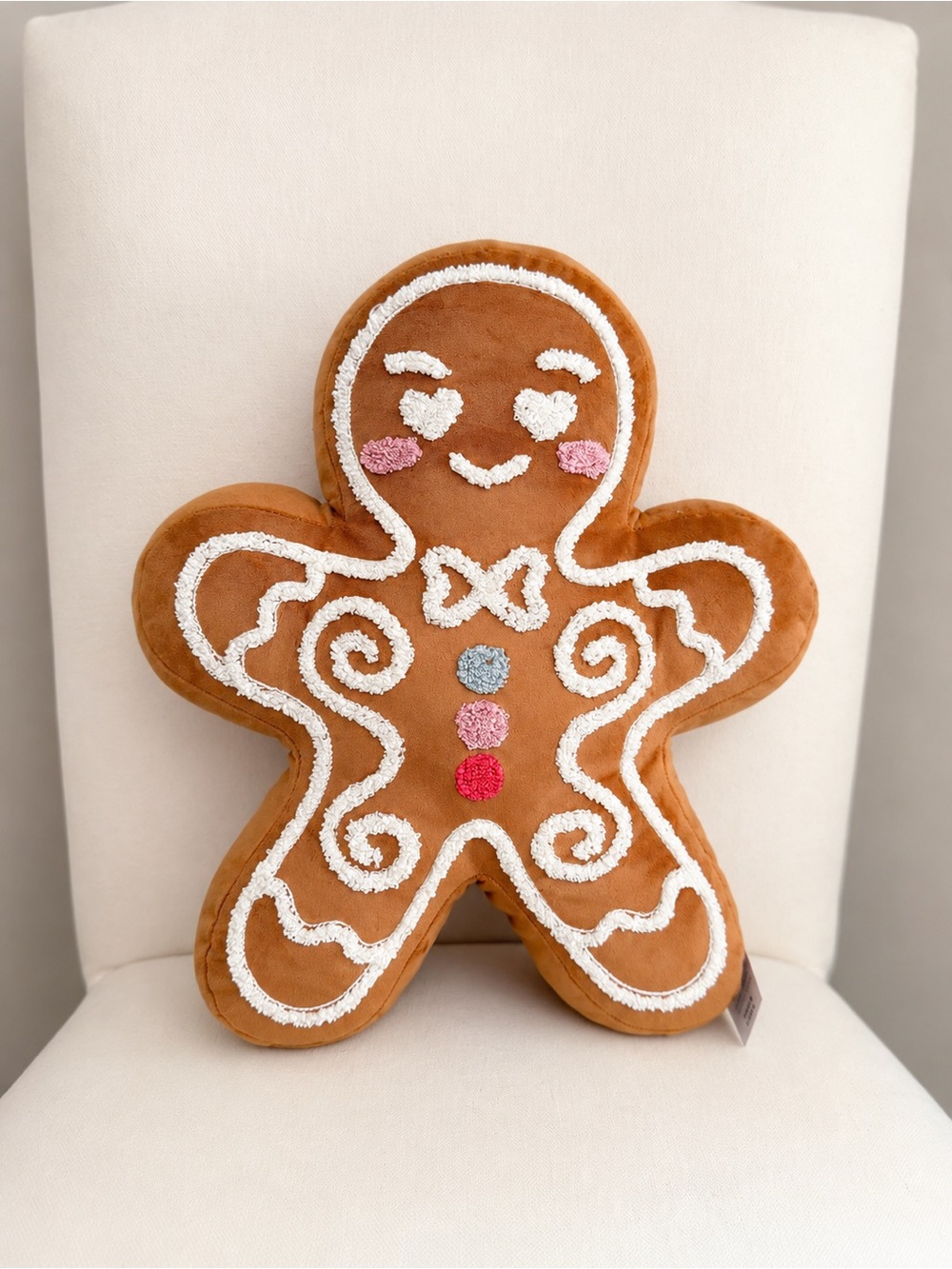 ✨ NEW ✨ Cute Gingerbread Plush Holiday Pillow - Brown with White, Pink, and Blue